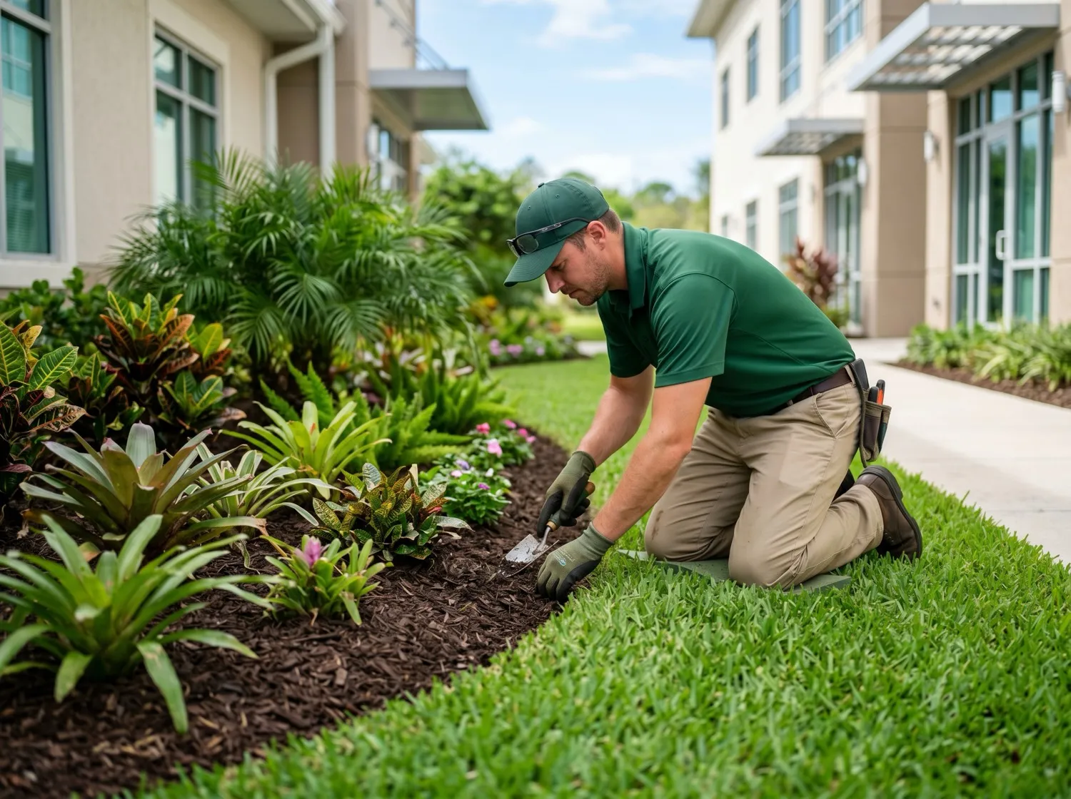 Landscape bed being weeded by hand