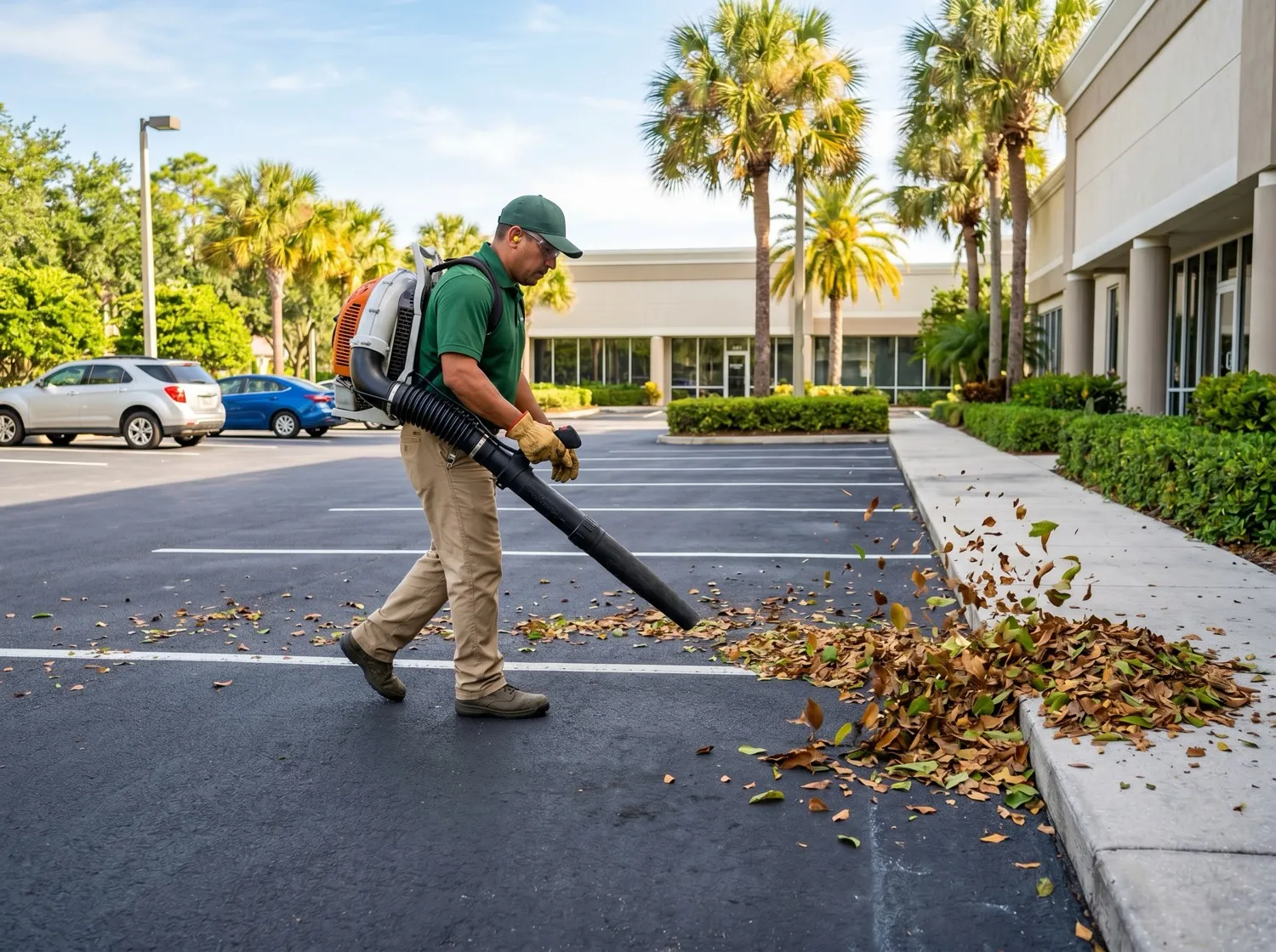 Leaves being cleared with a backpack blower