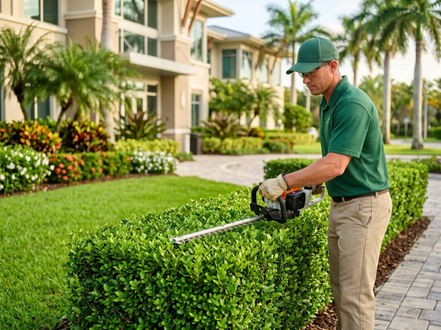 Hedge being shaped with a hedge trimmer